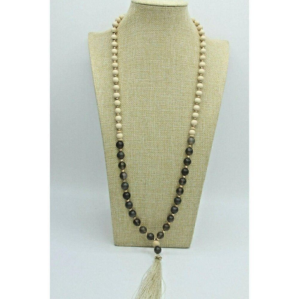 Beaded Necklace Gray Glass & Wood Beads Gold Tone